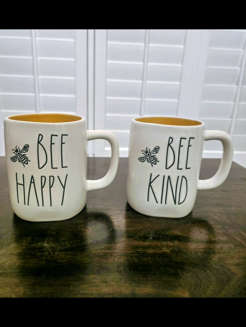 Rae Dunn Bee Happy & Bee Kind White Mugs with Yellow Interior - Set of 2